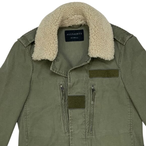 AllSaints Mens Rai Jacket XXS 2XS Green Military Sheepskin Collar Utility Fall - Picture 7 of 12